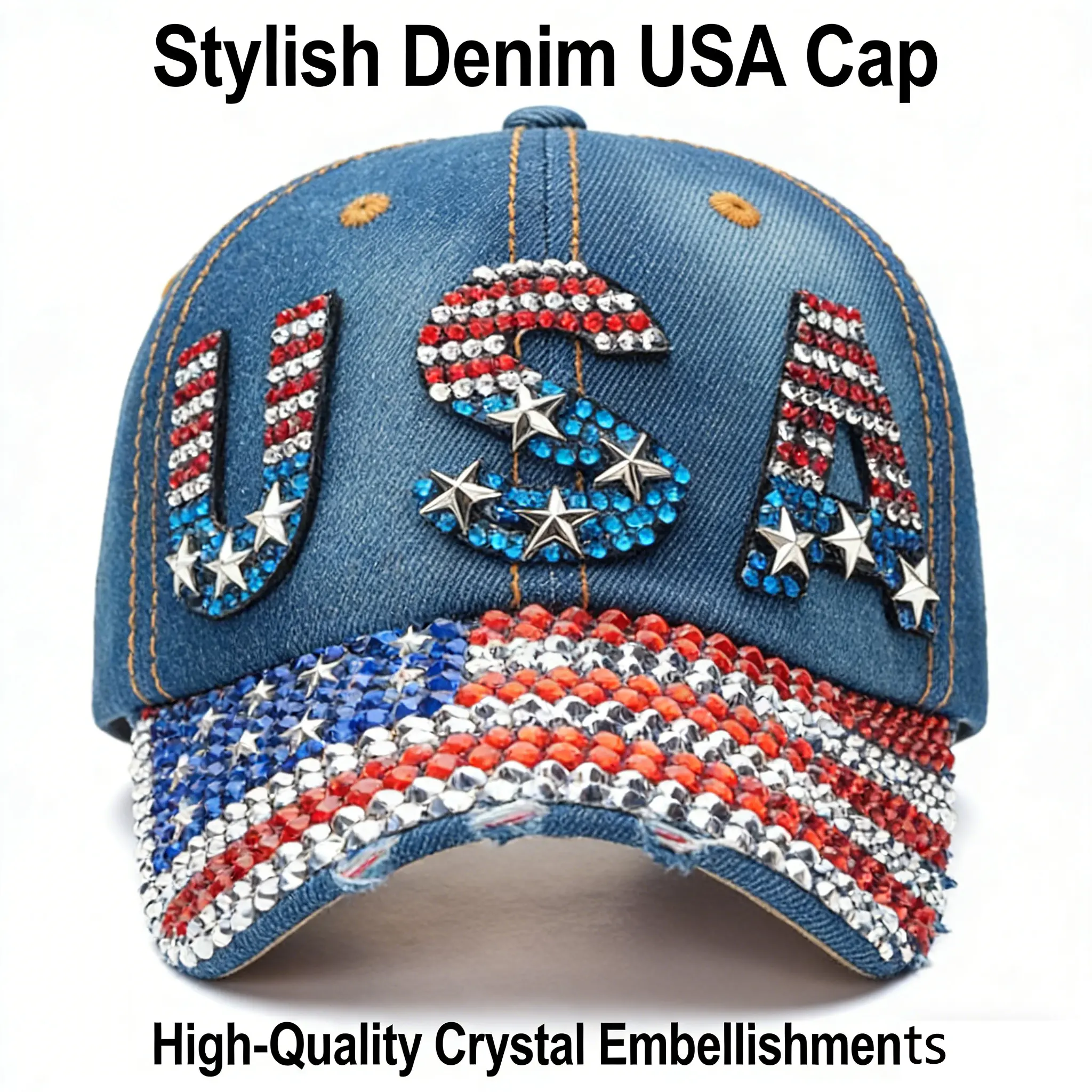Vintage Washed Cotton Denim Fitted Baseball Hat - Female Fashionable Rhinestone Hat with Silver Acrylic Crystal Embellishments, Breathable Adjustable Sun Protection Cap for Outdoor Sports Streetwear, Fashionable Hats, Rhinestone Hats