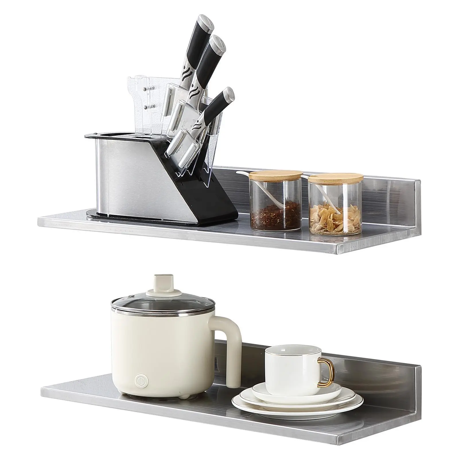 VEVOR 8.6"x24" 1-Layer Stainless Steel Wall-Mounting Floating Shelf with Backsplash, 1 Shelf Set, Max Load 44lbs, Brushed Finish, NSF Certified Complete Kit, Heavy-Duty Storage Rack for Kitchen, Bedroom#SohoChic, Floating Shelves