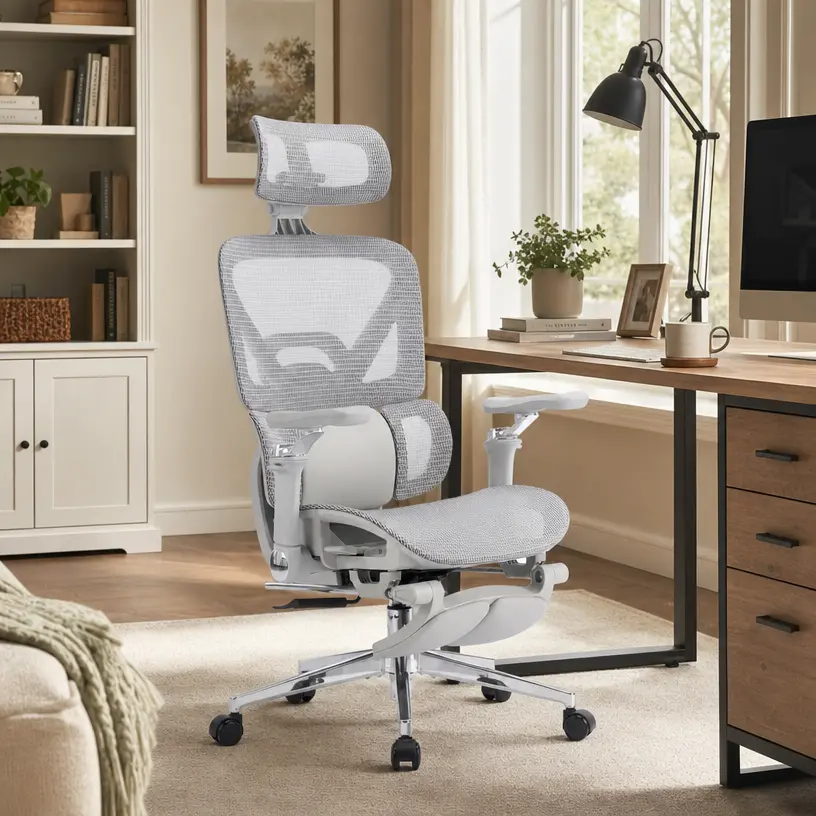 MOJAY Ergonomic Office Chair, High Back Mesh Desk Chair with 4D & 6D Armrests, 3-Zone Lumbar Support, Thick Cushion Seat & Footrest