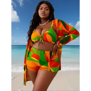 2026 Hot Selling Plus Size Tropical Geometric Print 3-Piece Swimsuit Set | Tie-Front Bikini Top, High-Waisted Shorts and Cover-Up Kimono, Perfect for Beach Vacations