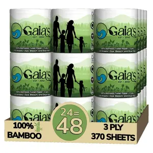 Gaias Premium Organic 100% Bamboo Toilet Paper, 3 Ply - Eco-Friendly, Sustainable Tissue - 24 Double Rolls & 370 Sheets/Roll - Plastic Free Packaging, Septic Safe & Biodegradable - FSC Certified