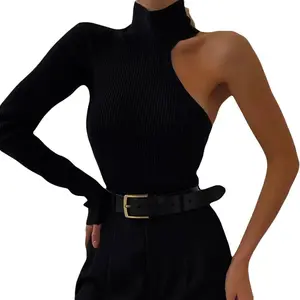 One Sleeve Turtleneck Black Top Bodysuit