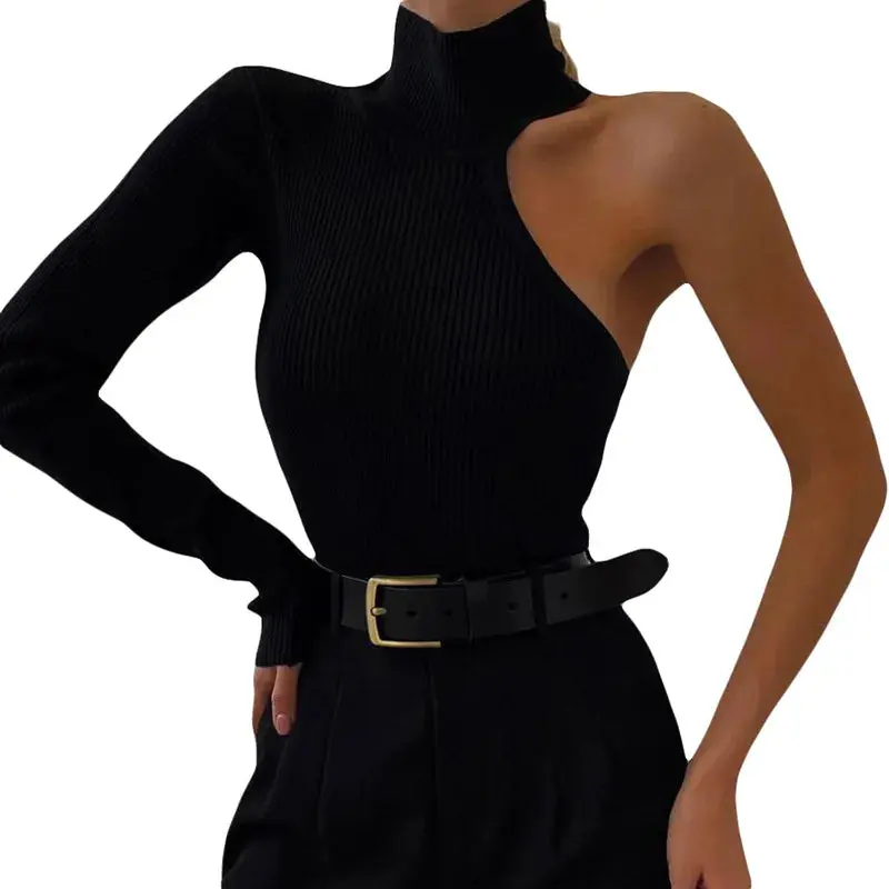One Sleeve Turtleneck Black Top Bodysuit