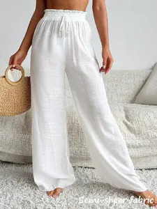 White Ruffle Wide Leg Beach Cover Up Pants for Women High Waist Summer Vacation Swimwear Outfit