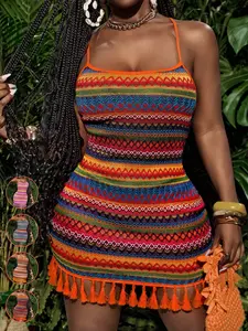 Women's Vacation Bohemian Colorful Striped Fitted Fringe Dress, Women's Mini Dress,Stylish and Comfortable Summer, Perfect for Beach and Poolside Wear