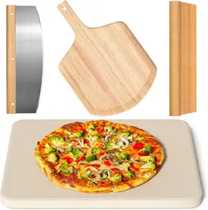 4 count Rectangle Pizza Stone Set, 15" Large Pizza Stone for Oven and Grill with Pizza Peel(OAK), Pizza  & 10 count Cooking Paper for Free, Baking Stone for Pizza, Bread,BBQ