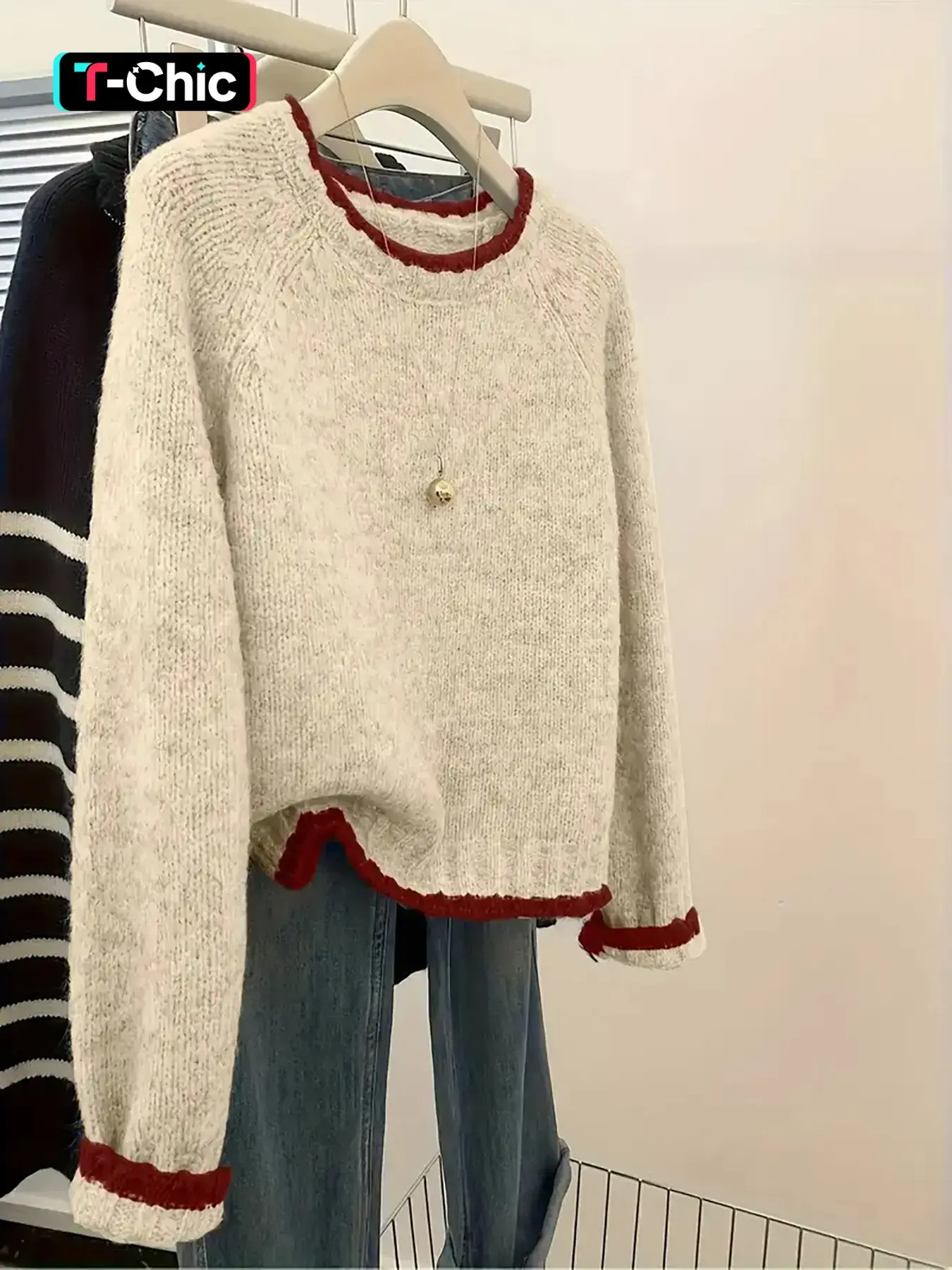 Elegant Chic Warm Comfortable High-End Knitted Sweater for Women, New Long Sleeve Loose Fit Colorblock Round Neck CasualTop for Fall and Winter, Casual Loose Jumper, Knitwear, Fashion Knitwear, Womenswear