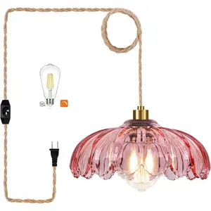 Pink Plug in Pendant Hanging Lights with Plug in Cord Boho Hanging Lamp Glass Gold Mid Century , Outdoor Sports Travel Camping Daily Use Accessory