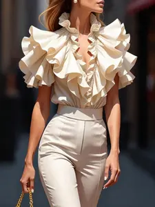 Solid Color Ruffle Stand Collar Shirt, Multi-Layer Ruffle Short Sleeve, Office Wear, Casual Lunch, Date Night, Cocktail Party