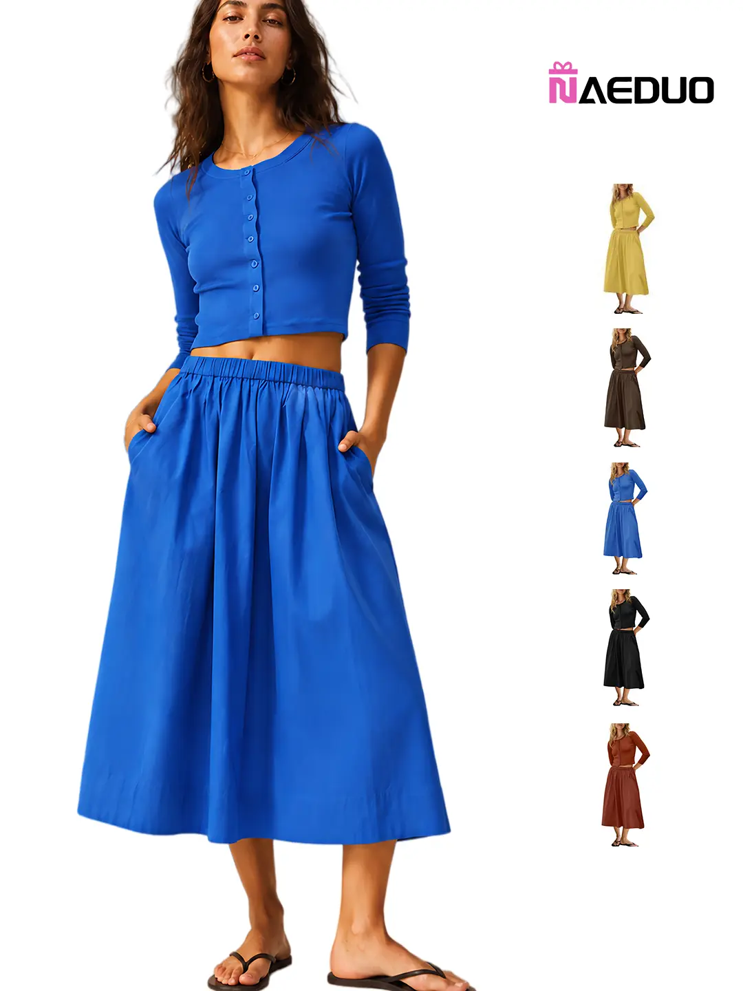 Naeduo Women's Fall Aesthetic 2-Piece Knit Lounge Set - Slim-Fit Cropped Cardigan & 100% Cotton A-Line Midi Skirt, Cozy Clothes for Women for Casual & Office Use, Two Piece Set
