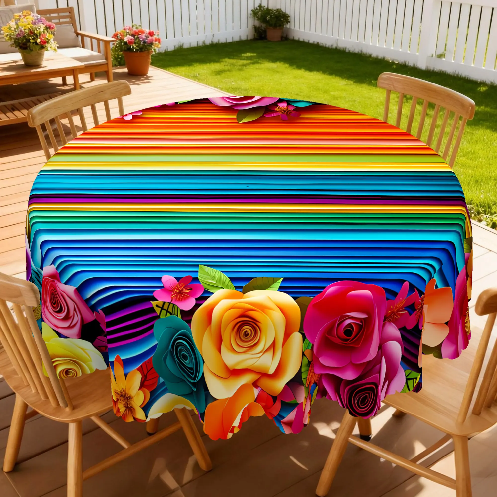 Mexican Stripes Floral Tablecloth, Colorful Rainbow Stripe Rose Flower Table Cover, Indoor Outdoor Patio Picnic Fiesta Party Kitchen Dining Decor, Home Decoration Perfect Gift