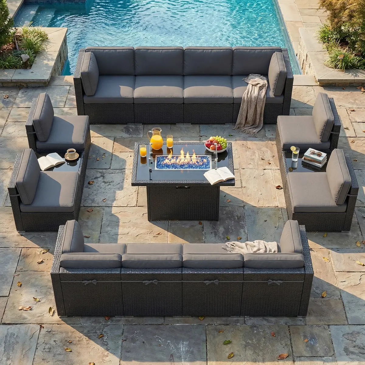 【9 Packages Shipping】LayinSun 15 Piece Patio Furniture Set with Fire Pit Table, Outdoor Conversation Sets Wicker Rattan Sectional Sofa with Coffee Table
