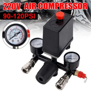 220V 4 Port Air Compressor Pressure Switch Manifold Regulator Aluminum Alloy Safety Pressure Valve All Black Bracket