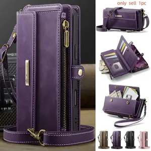 Lanyard Leather Zipper Wallet Card Phone Case for Samsung Galaxy S26 Ultra S25 FE S24 Plus S23 S22 S21 Cover