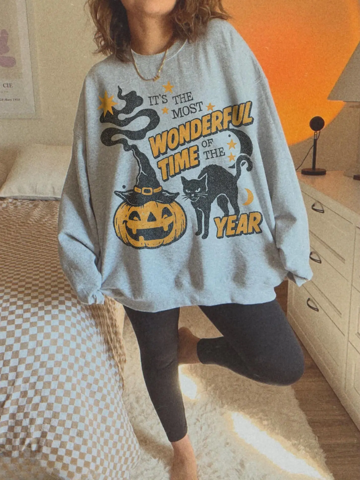 Vintage Halloween Sweatshirt, Retro Halloween Crewneck, 90s Spooky Black Cat Sweater, Witchy Pumpkin Most Wonderful Time Witchy Fall Shirt - HARSIN