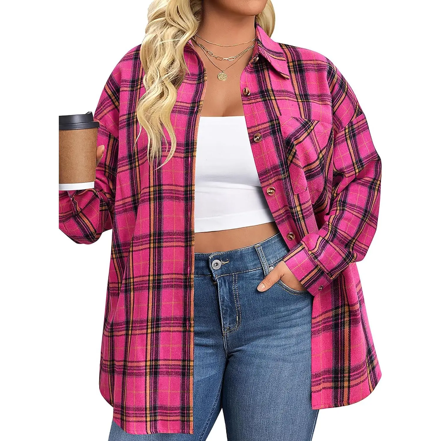 Womens Plus Size Flannel Plaid Shirts Long Sleeve Casual Collared Button Down Shirt Loose Blouse Top