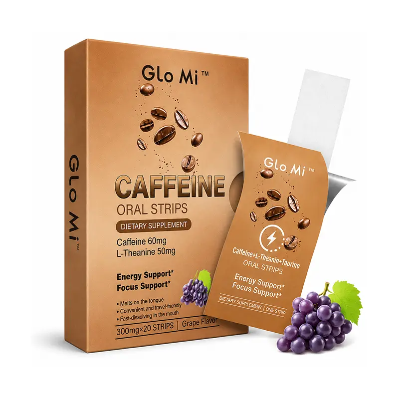 Caffeine Quick Melt Oral Strips | Dissolvable Energy & Focus Support Supplement | Caffeine 60mg + L-Theanine 50mg + Taurine | Sugar-Free, Grape Flavor | 20 Strips