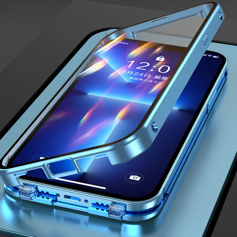 Magnetic Metal Dual-Sided Glass Full-Protection Case Cover Protector with Snap Button, Compatible with iPhone 11/12/13/14/15/16/17 Pro Max and Air Models, Tempered Glass Cover, Phone Accessories