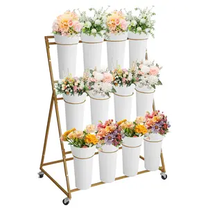 3 Tier Metal Flower Display Stand with 12 Buckets & Wheels | Rolling Flower Cart for Wedding, Garden, Flower Shop & Home Decor | Metal Mobile Plant Stand