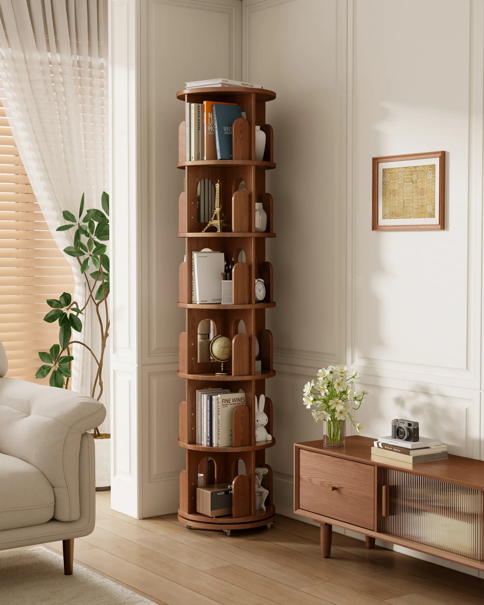 Solid Wood Rotating 6-Tier Corner Bookshelf Tower with Bookends, Wheels & Space-Saving Design - Wood Shelving Living Room Furniture, Multi-Shelf Rolling Rotating Stand Living Room Furniture for Small Spaces, Kids, Multi-Shelf Rolling Living Room Furniture
