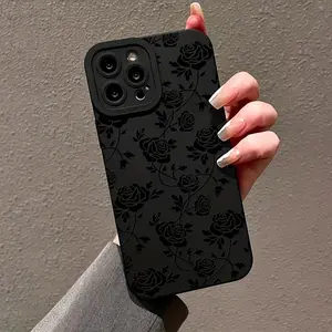 Suitable for Apple Black Straight Edge Matte Rose Anti-Drop TPU Case for iPhone 17 Pro Max 16 16e 15 14 Plus 13 12 Mini 11 Air X XS XR Straight Edge Drop-Resistant Rugged Durable Cover Shell Gift 2D printing Smartphone Protective
