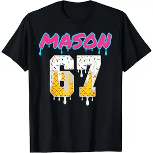 Men's Cotton Material Short-Sleeve T-Shirt, 67 Ice Cream Drip Sport Design, Fun Mason Meme Print, Casual Streetwear Top