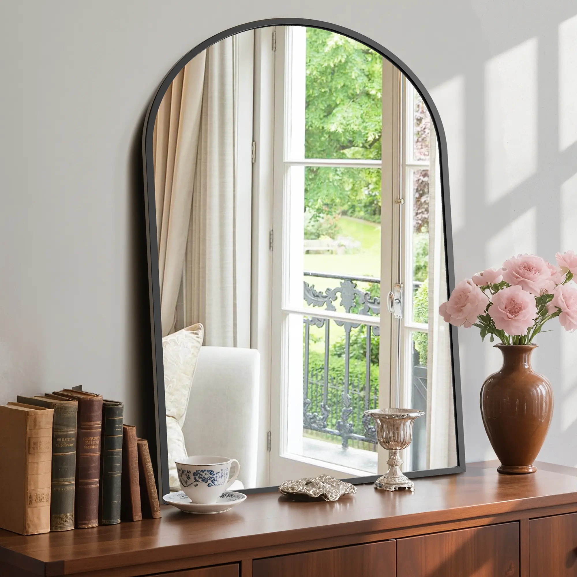 30x38/30x40/31x32 Inch Arched Tabletop Leaning Mirror, Black & Gold Tall Arch Vanity Mirror, Free-Standing or Wall-Mounted Makeup Mirror for Desk, Dresser, Bathroom Counter
