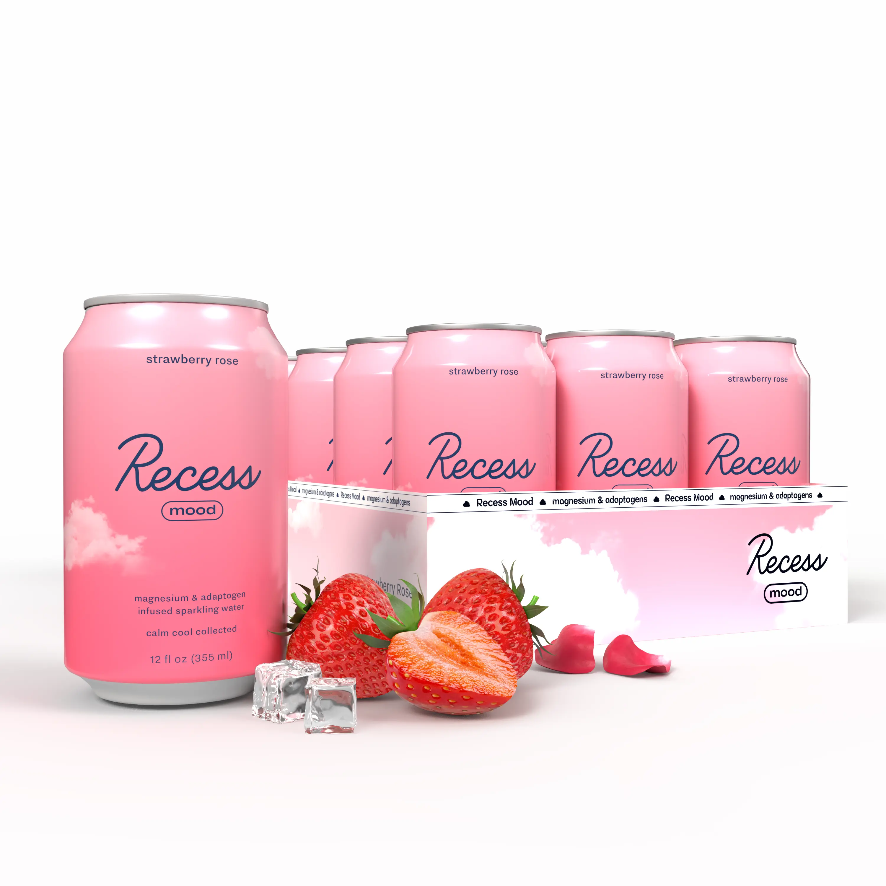 Recess Mood Magnesium & Adaptogen Drink, Relaxation Beverage, 12 Ounce (Strawberry Rose, 12 Pack)