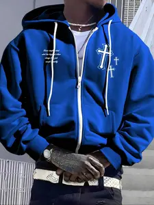 Men's Fleece Lined Zipper Hoodie Jacket, Winter Warm Sports Sweatshirt, Letter & Cross Print Long Sleeve Hooded Top for Outdoor Wear