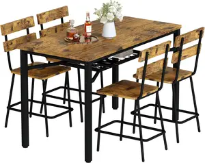 5-Piece Dining Table Set for 4, Counter Height Kitchen Table & 4 Bar Stools, Hightop Bar Table and Chairs Set with Storage, Farmhouse Small Dinette Set for Pub, Dining Room, Small Space