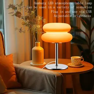 T6028-2 LED Bread Atmosphere Table Lamp, Burger Table Light for Living Room Bedroom Study, USB Powered Night Light for Multiple Scenarios, Modern Nightstand Lamps