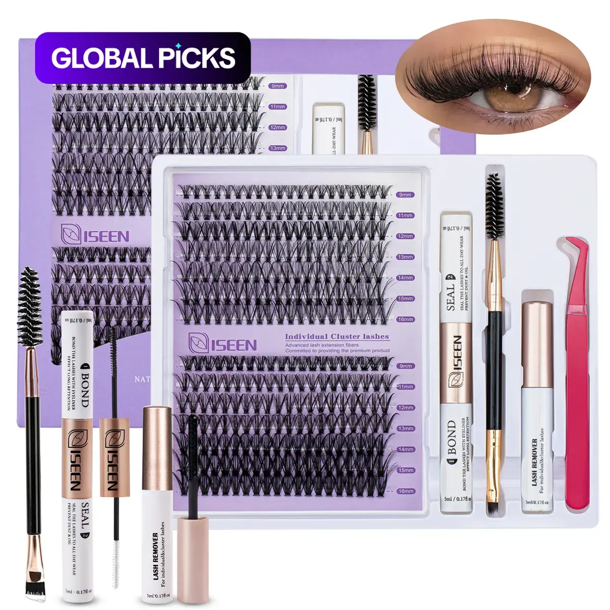 False Eyelashes Kit, 1 Set D Curl Eyelash Clusters, Fluffy Eyelash Clusters with Eyelash Glue, Remover, Brush & Tweezers, Eyelash Extension Kit for Women & Girls, Volumized False Eyelashes