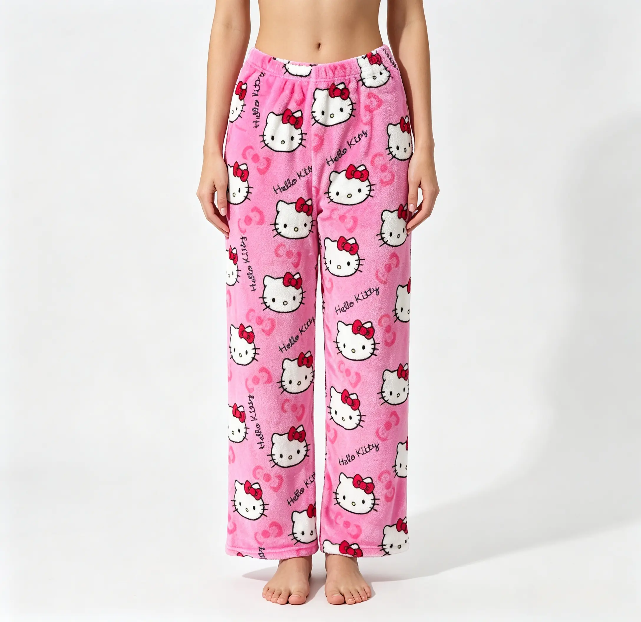 Sanrio Hello Kitty Flannel Sleep Pajama Pants Soft Kawaii Casual Loungewear Bottoms for Girls & Women