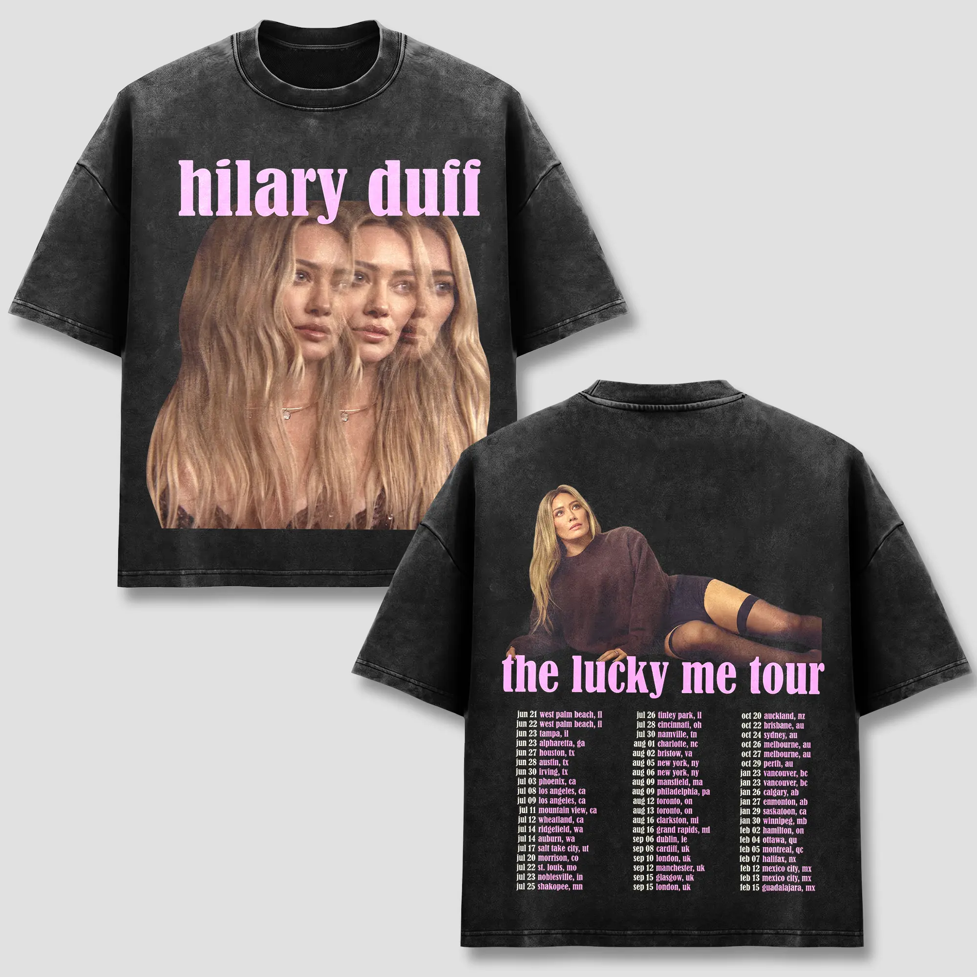 Hilary Duff T-Shirt, HD Lizzie The Lucky Me Tour Merch, Y2K Pop Music Concert Tee, Photo Singer Graphic Outfit, Retro Multi Exposure Design, Stadium Tour Dates List, Heavyweight Vintage Acid Washed Black, US Unisex Casual, Oversized Streetwear Apparel