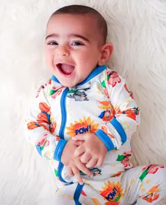 Super Sleepy Heroes Footie Pajamas, Super Soft Bamboo Stretch Baby Sleeper with 2 Way Dual Zipper and Fold Over Mittens (NB and 0-3M), Super Sleepy Heroes Print, Size [NB/0-3M/3-6M/6-9M]