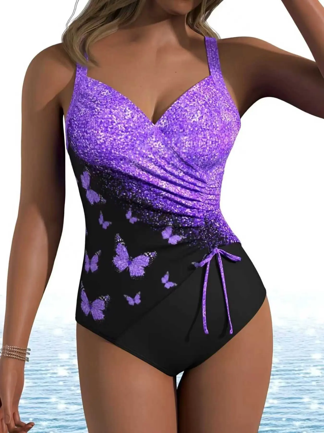 Women's Sexy Plus Size Butterfly Print One-Piece Swimsuit Bodysuit, Casual Striped Monokini, Fitted Stretchy Fashion Swimwear for Summer Beach, Sequin Swimsuits Fashionable Swimsuit Ocean