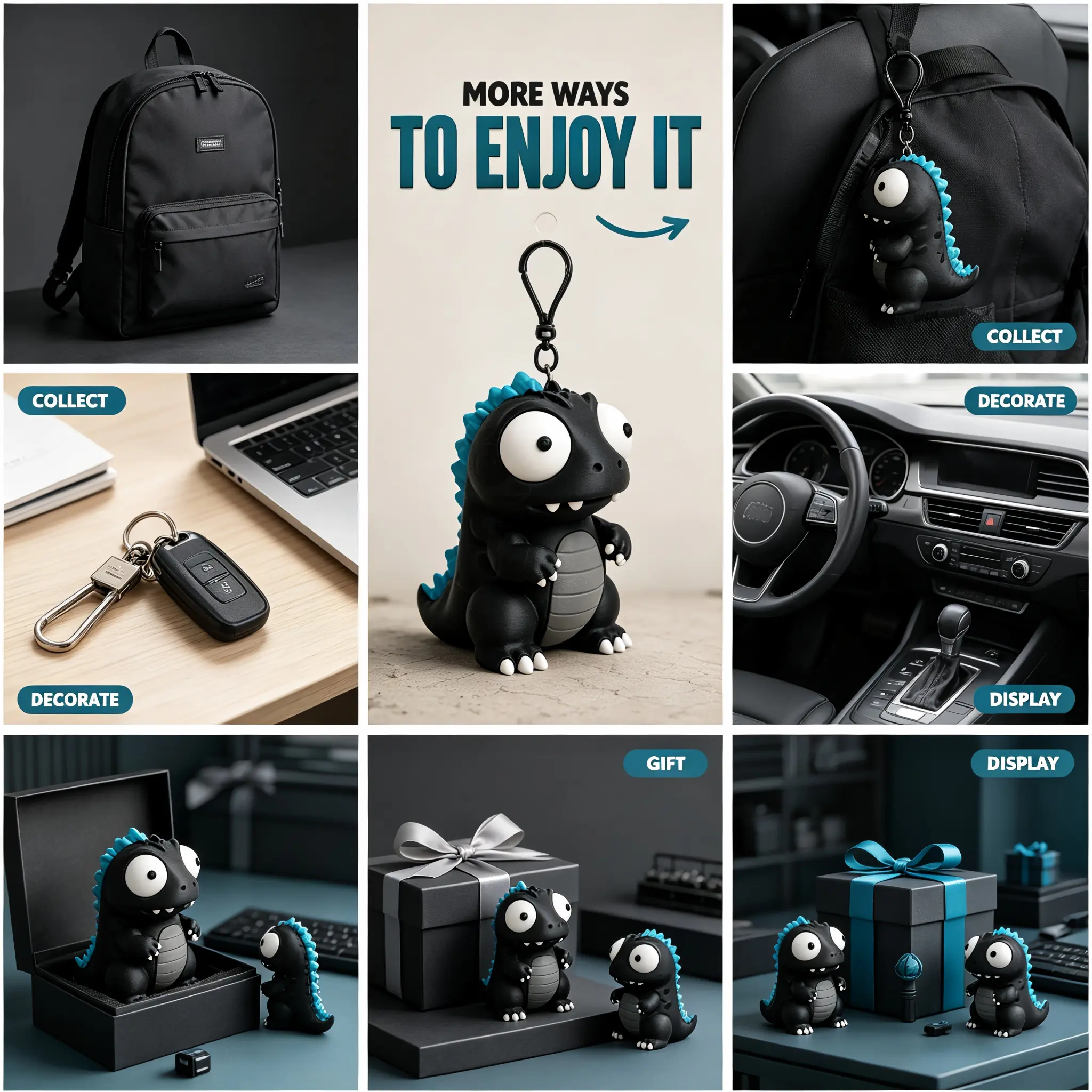 Goofy‑Series Cute Godzilla Keychain with Movable Eyes, 3D Cartoon Monster Pendant, Backpack Charm Car Hanging Decor, Unique Gift for Godzilla Fans