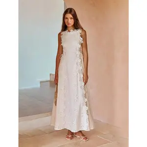 Women's 2026 Crochet Lace Maxi Dress - Soft Premium Fabric, Sleeveless, Floral Decor, Fitted Waist, Hook & Lace-Up Sides, Lady's Casual Wear Style for Beach Vacations & Wedding Guests