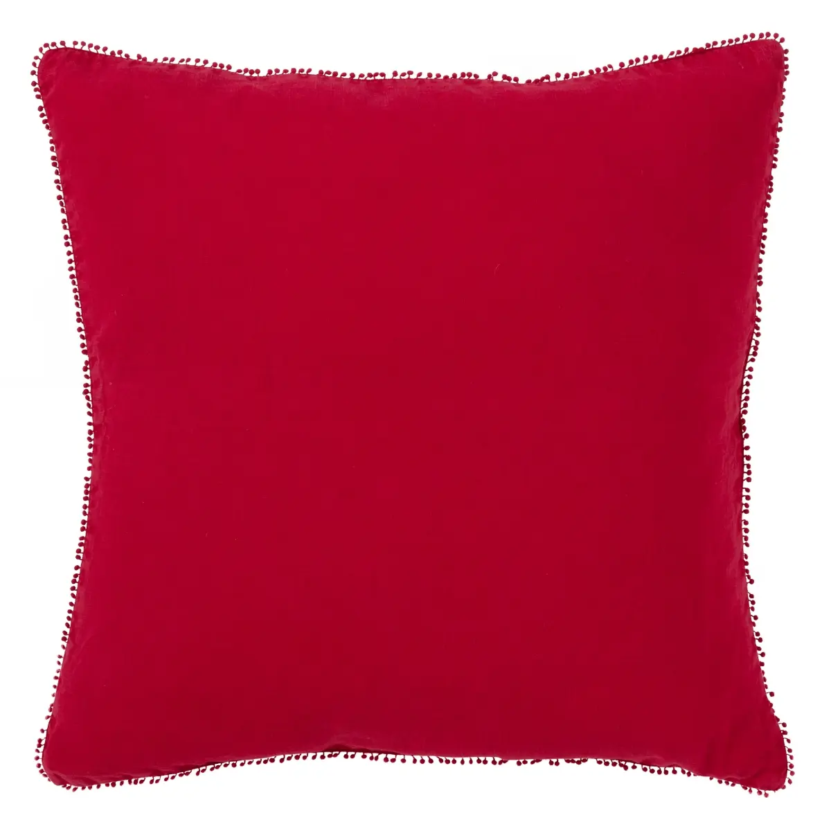 SARO 20 in. Square Linen Fabric Pompom Trim Down Filled Pillow - Red, Ideal for Living Room & Home Decor, Room Decor, Square Shape