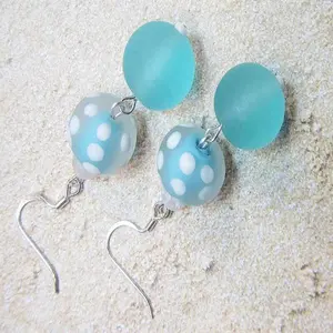 Chic Brico Blue Sea Glass Earrings, Beachy Aqua Blue & White Polka Dot Dangle Earrings