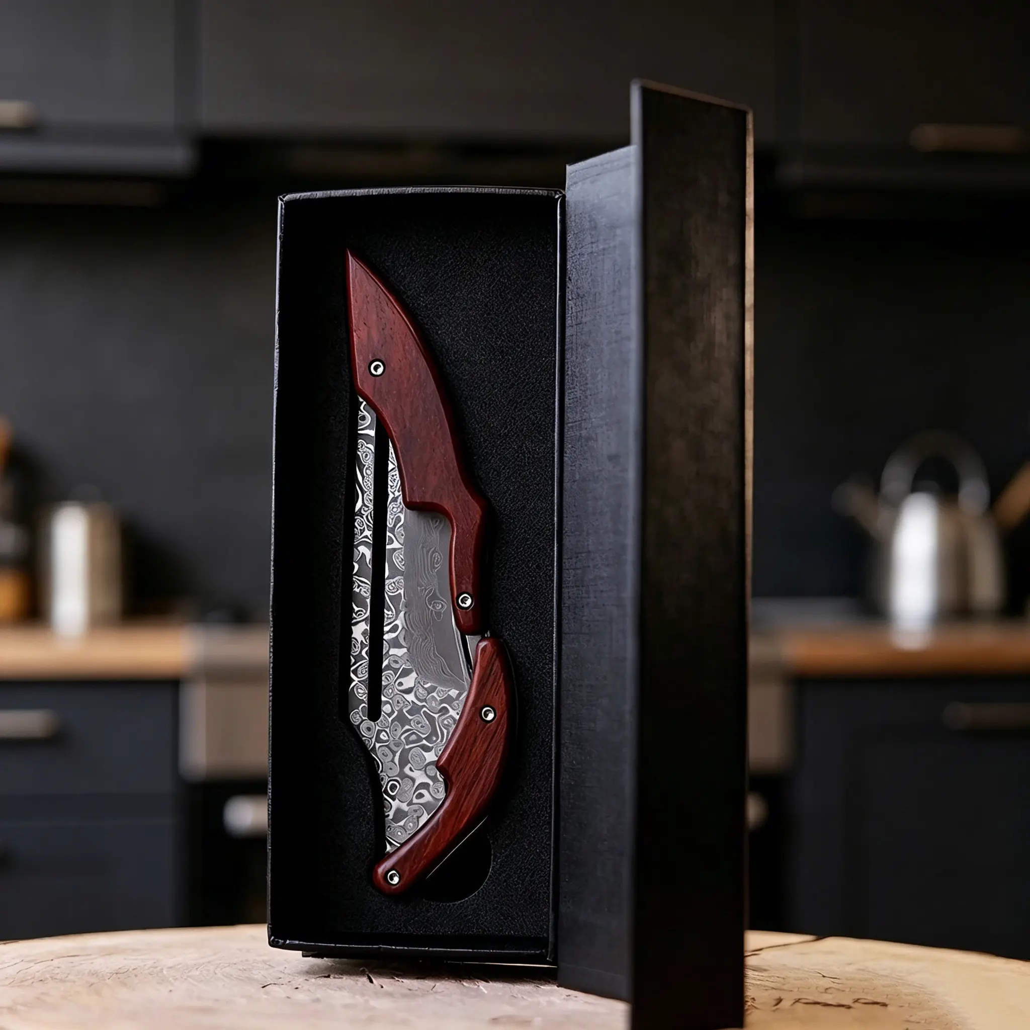 Compact Kitchen Prep Knife with Wood Grain Handle, Damascus Style Food Slicer for Meal Prep