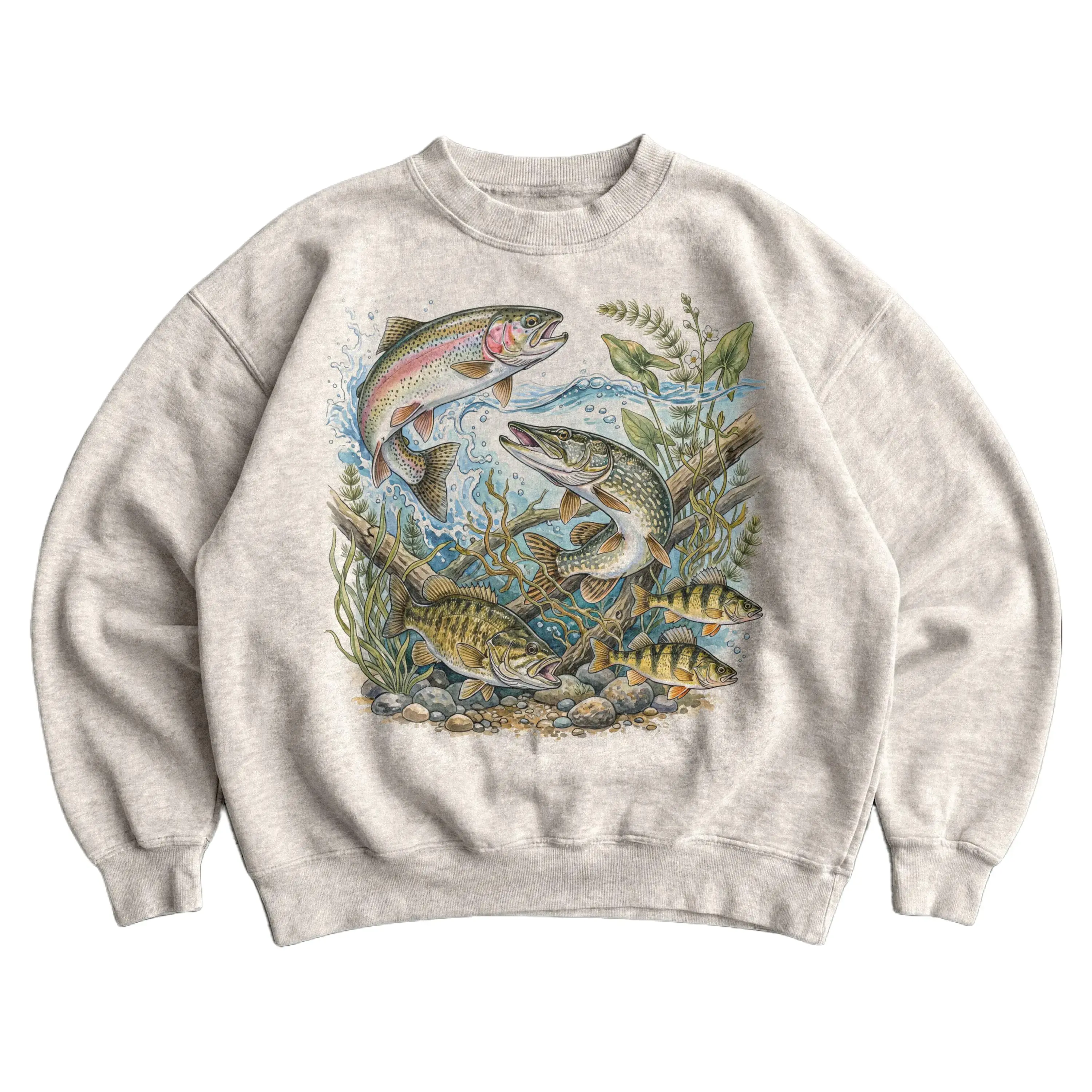 90s River Fish Sweatshirt - Unisex Men & Women's Graphic Sweater - Vintage Nature Habitat Scene - Trout - Bass