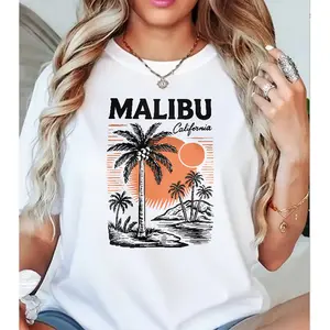 Malibu California Palm Tree T-Shirt, Vintage Beach Casual Graphic Tee