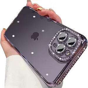Compatible with iPhone 16 Pro Max phone case, with flash diamond camera lens protection film, shiny transparent crystal cute phone case, light luxury high-end feel, non-slip and drop-proof, high lens protection, suitable for iPhone 12/13/14/15/16Pro/Max/P