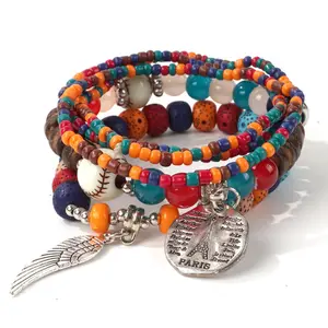 Vintage Boho Wood Bead Bracelet Set with Tree of Life & Tassel, 4Pcs Stackable Bohemian Bangle for Women, Trendy Layered Accessory for Summer