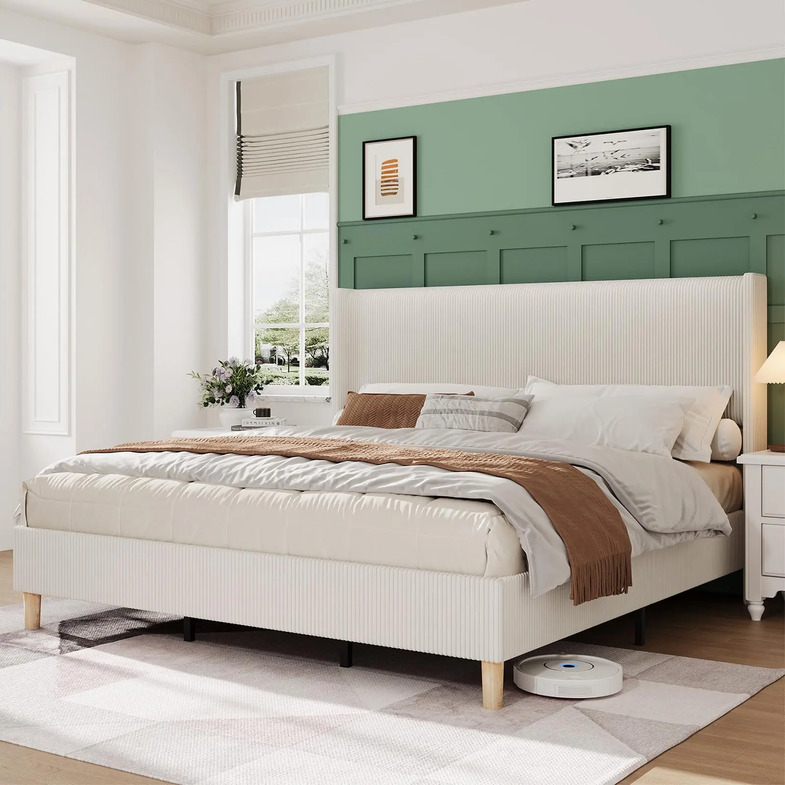 Queen Bed Frame, Corduroy Bed Frame with Vertical Channel Tufted Wingback Headboard, Sturdy Wooden Slats Support, Noise Free, Beige