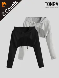 Women's Solid Drawstring Drop Shoulder Crop Hoodie, Casual Long Sleeve Hooded Sweatshirt, Casual Fitted Pullover for Spring & Fall, Ladies Clothes for Daily Wear