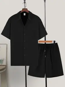 Men's All-Black Luxury Loungewear Set, Homewear, Pajama - Short-Sleeve Button-Up Shirt+ Drawstring Shorts, Ultra-Soft Smooth Fabric, Relaxed Fit, Perfect for At-Home Lounging, Evening Relaxation, Casual Home Gatherings & Lazy Weekend Days, Outfit