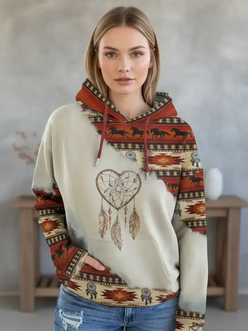 Women's Ethnic Pattern Patchwork Geometric Horse Print Drawstring Loose Baggy Oversized Pullover Hoodie with Pockets, Tops, Casual Long Sleeve Drop Shoulder Hooded Sweatshirt for Daily Holiday Outdoor Wear, Ladies Clothes for All Seasons