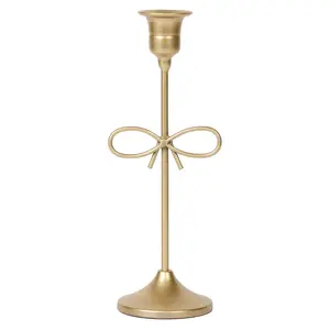 Large Bow Taper Candle Holder – 9" Antique Gold Iron & MDF Tabletop Decor, Bow Accent, Indoor Candle Accessory